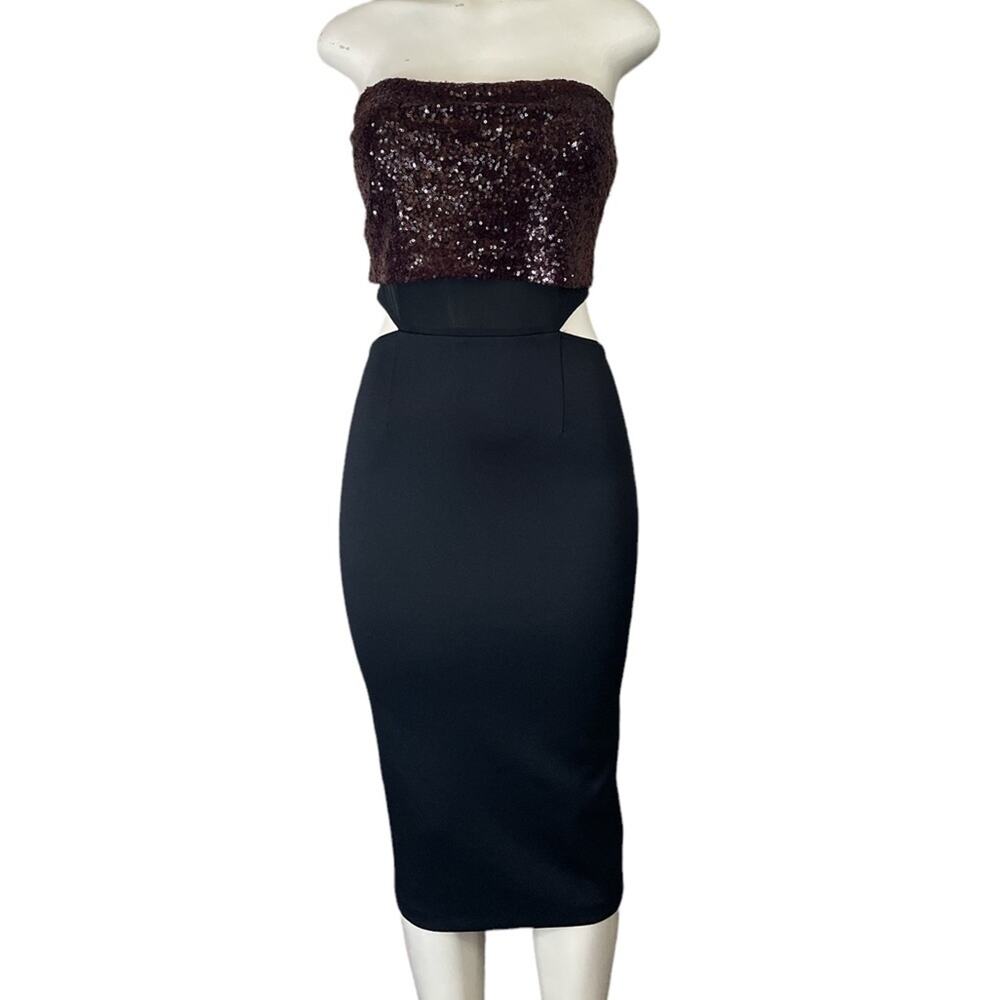 Rachel Roy Black Strapless Midi Dress Side Cutouts Burgundy Sequins Size 4